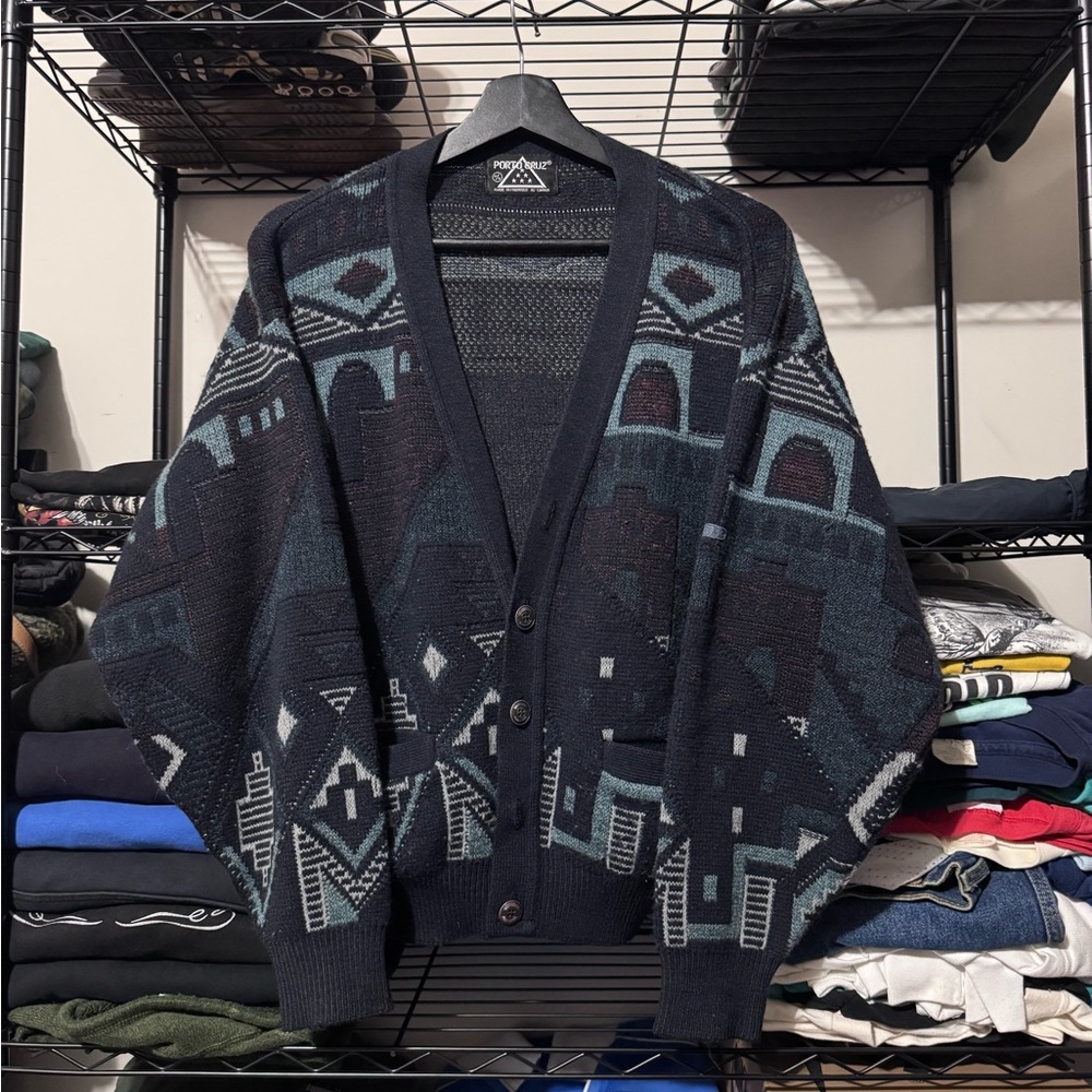 Port Authority Navy and Teal Geometric V-Neck Cardigan
